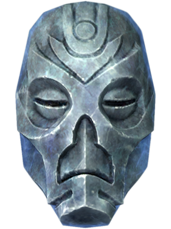 A silver mask of dour expression