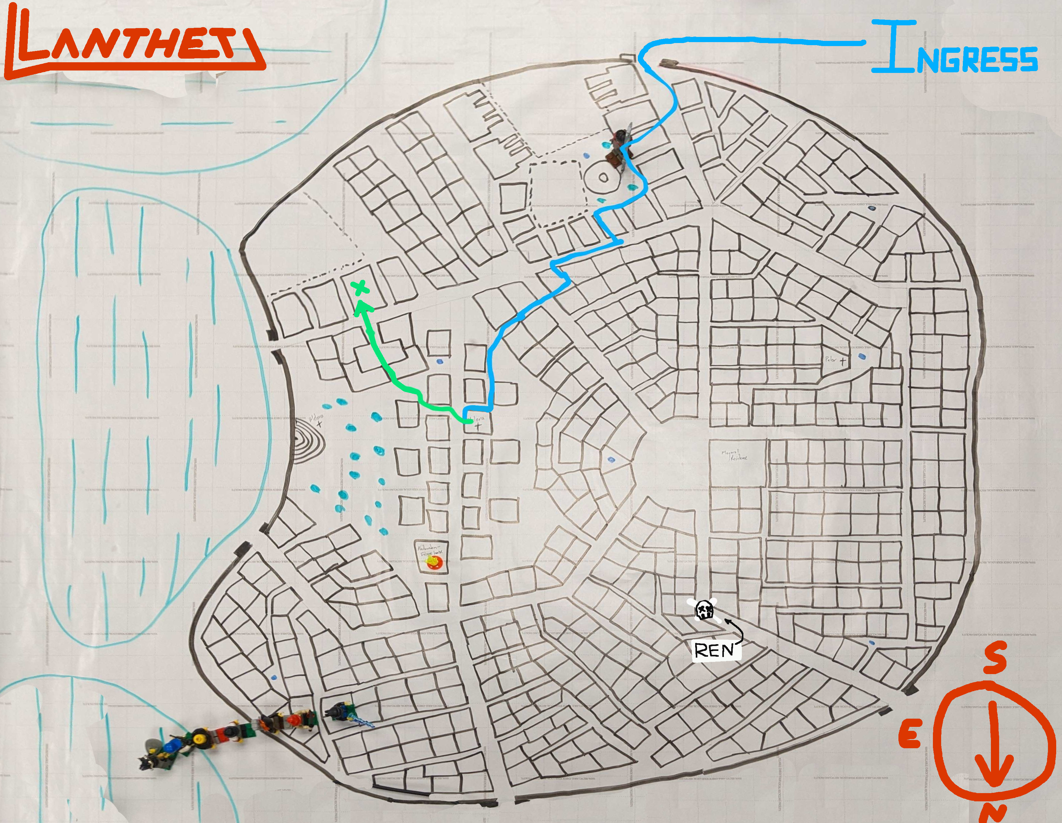 The town of Lanthet. We approach through the south gate, make our way to the temple of Melora, and thence to a warehouse.