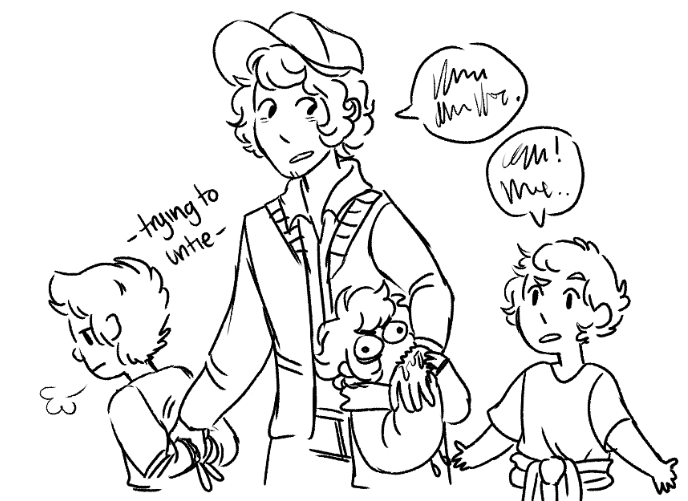 A vaguely-masculine adult is surrounded by three children. With one arm, he unties the ropes binding one child's arms that have been tied behind the child's back. The other arm is occupied by a child chewing on the adult's arm. The third is holding a conversation with the adult